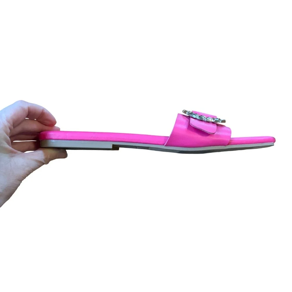 Open Edit Hot Pink Square Toe Slides Sandals Silver Buckle Flats Sz 9 Barbiecore